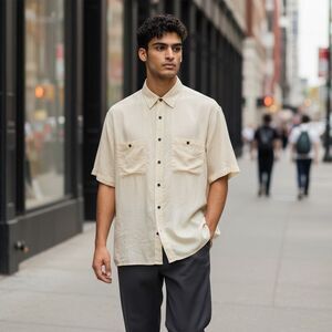 Stock Options Vintage Cream 100% Silk Shirt Medium